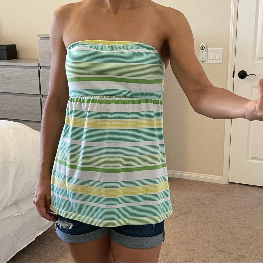 Green, white, yellow striped strapless top Small